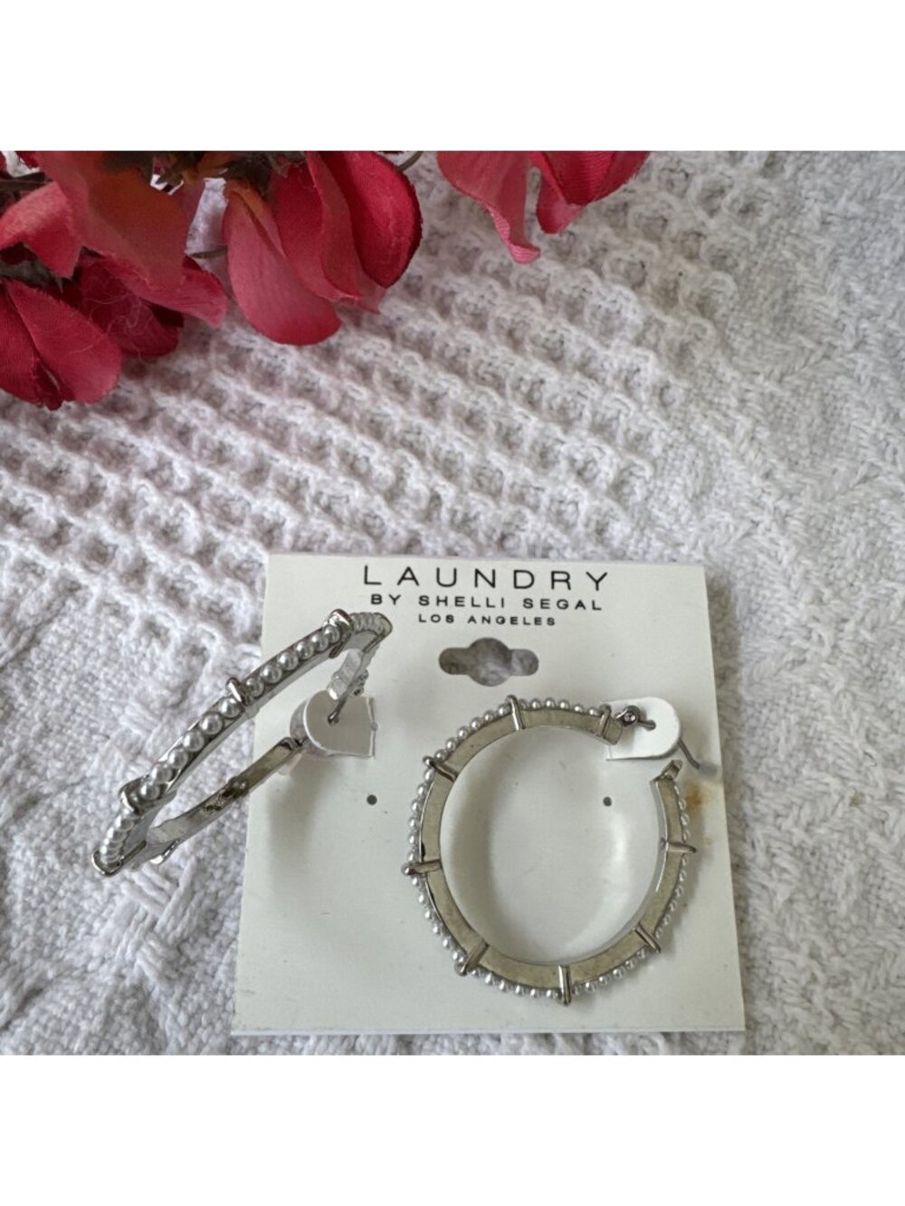 Laundry Shelli Segal Earrings Dangle Faux Pearl Silver Tone Hoops 2" NEW